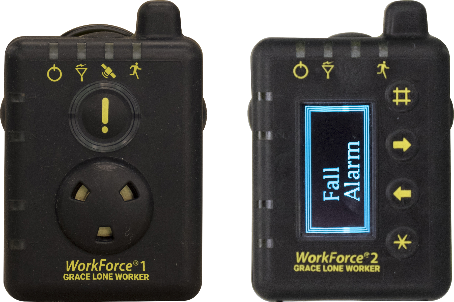 Grace Industries WorkForce 1 and WorkForce 2 lone worker pendants, 3.33 inches high