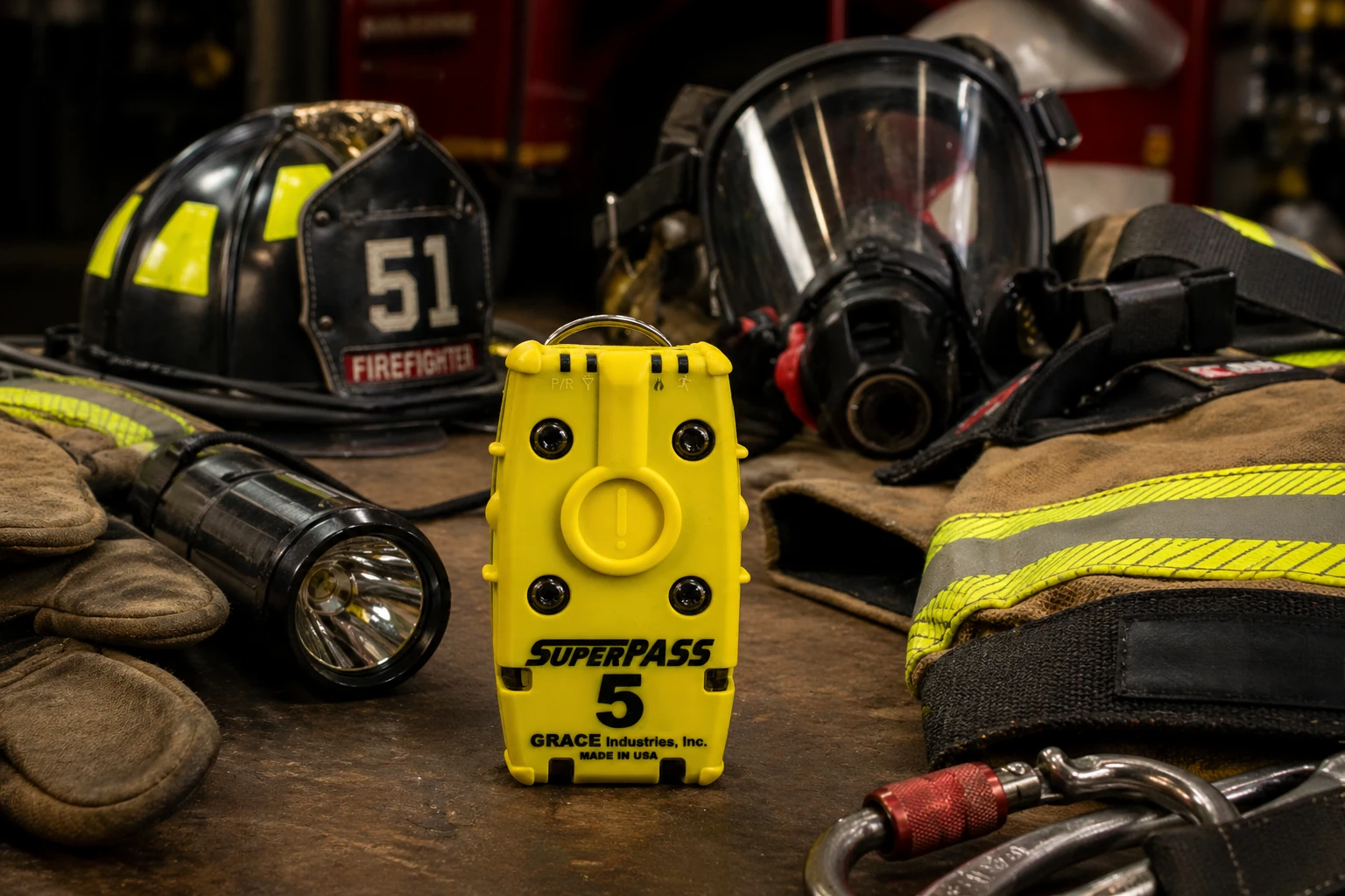 firefighter gear with standalone PASS device prepared for emergency response