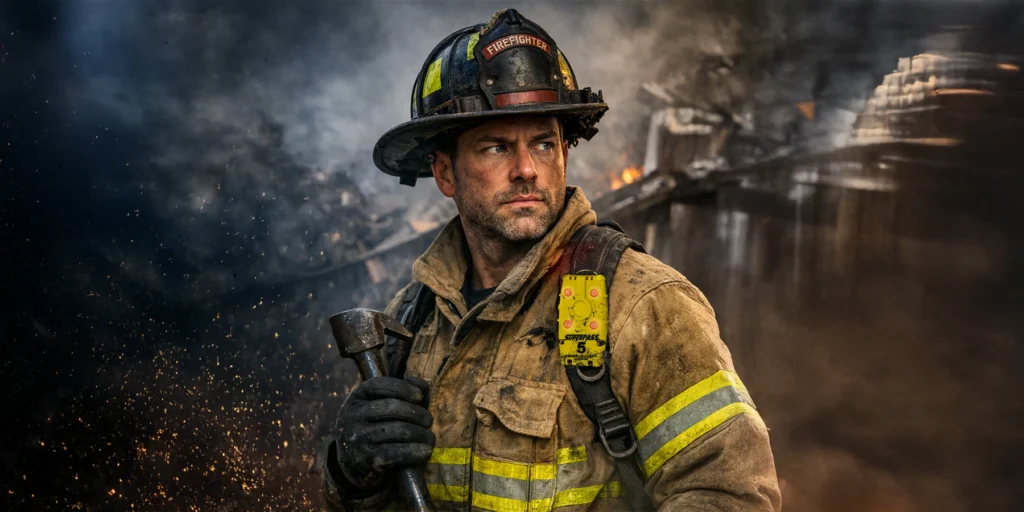 firefighter wearing a PASS device during active fireground operations