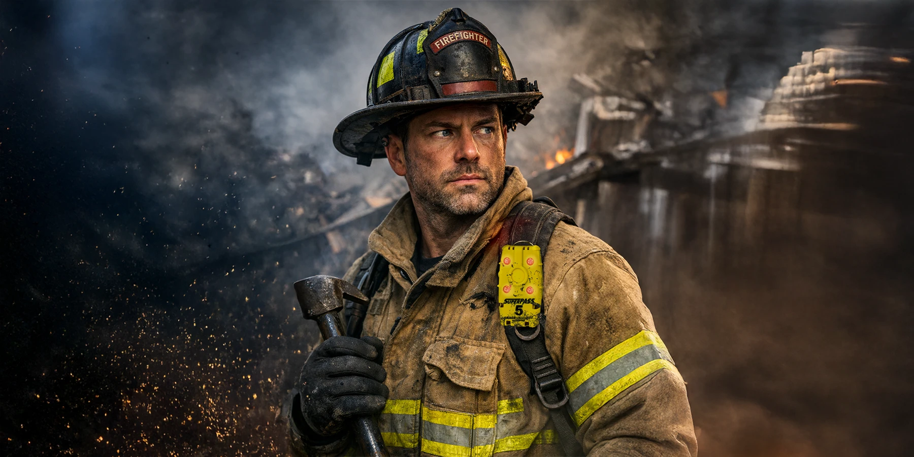 Firefighter wearing a PASS device during fireground operations