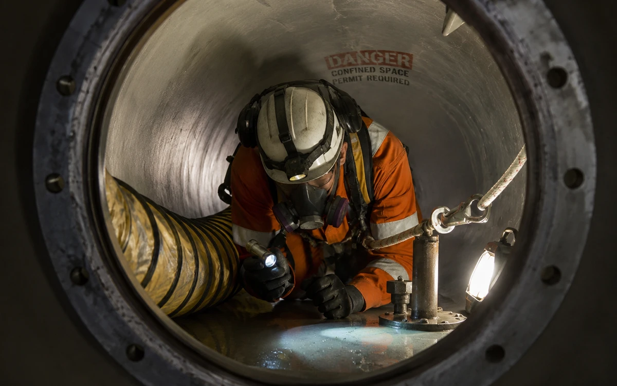 Construction worker entering a confined space during underground utility or industrial construction work