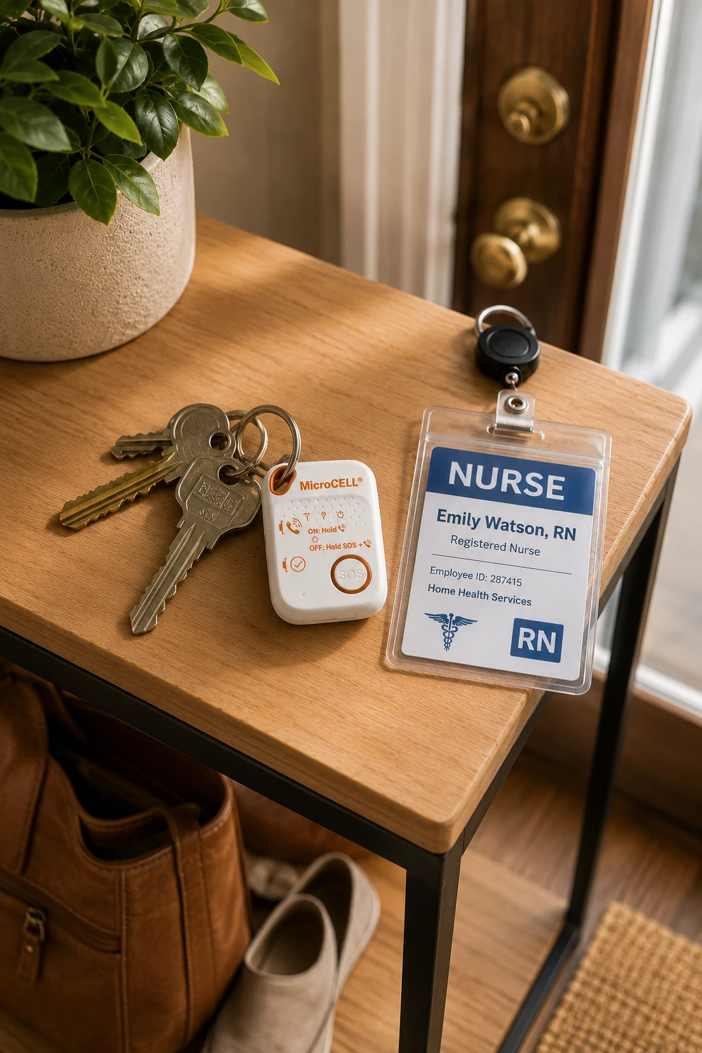 MicroCell personal safety device on a table with keys and a nursing ID badge, ready for a nurse to grab before leaving for a home healthcare visit