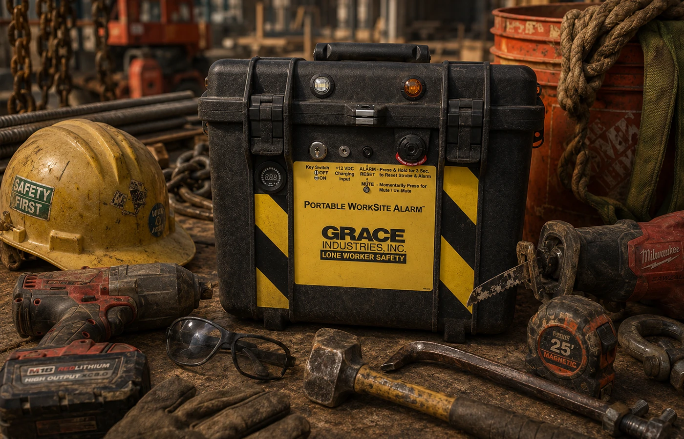 Grace Portable Worksite Alarm displayed with rugged construction tools and heavy duty jobsite equipment arranged on a work table