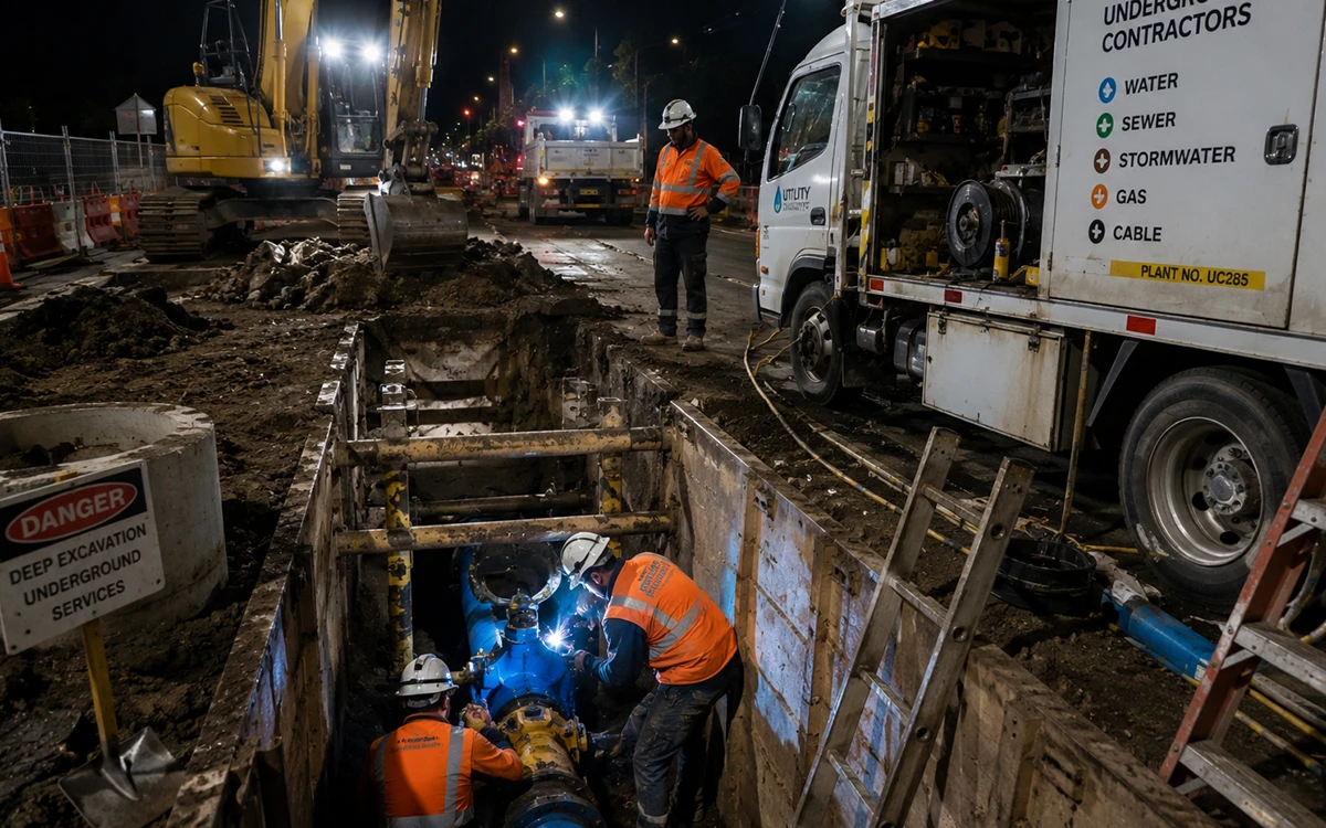 Utility and underground construction workers performing excavation and infrastructure work in hazardous environments