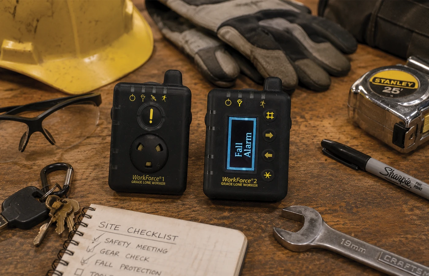 Grace WorkForce WF1 and WF2 lone worker safety pendants displayed on a table beside heavy duty construction gear and everyday jobsite equipment