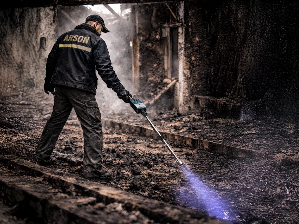 Fire investigator using arson investigation equipment for hydrocarbon detection at a fire scene