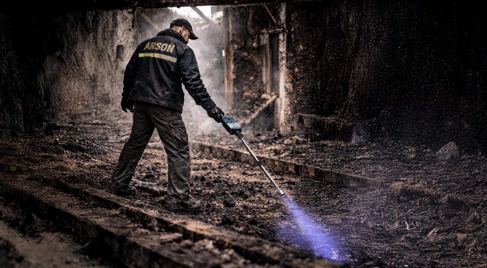 arson investigator using a Grace 950-ASH hydrocarbon detector inside a burned building