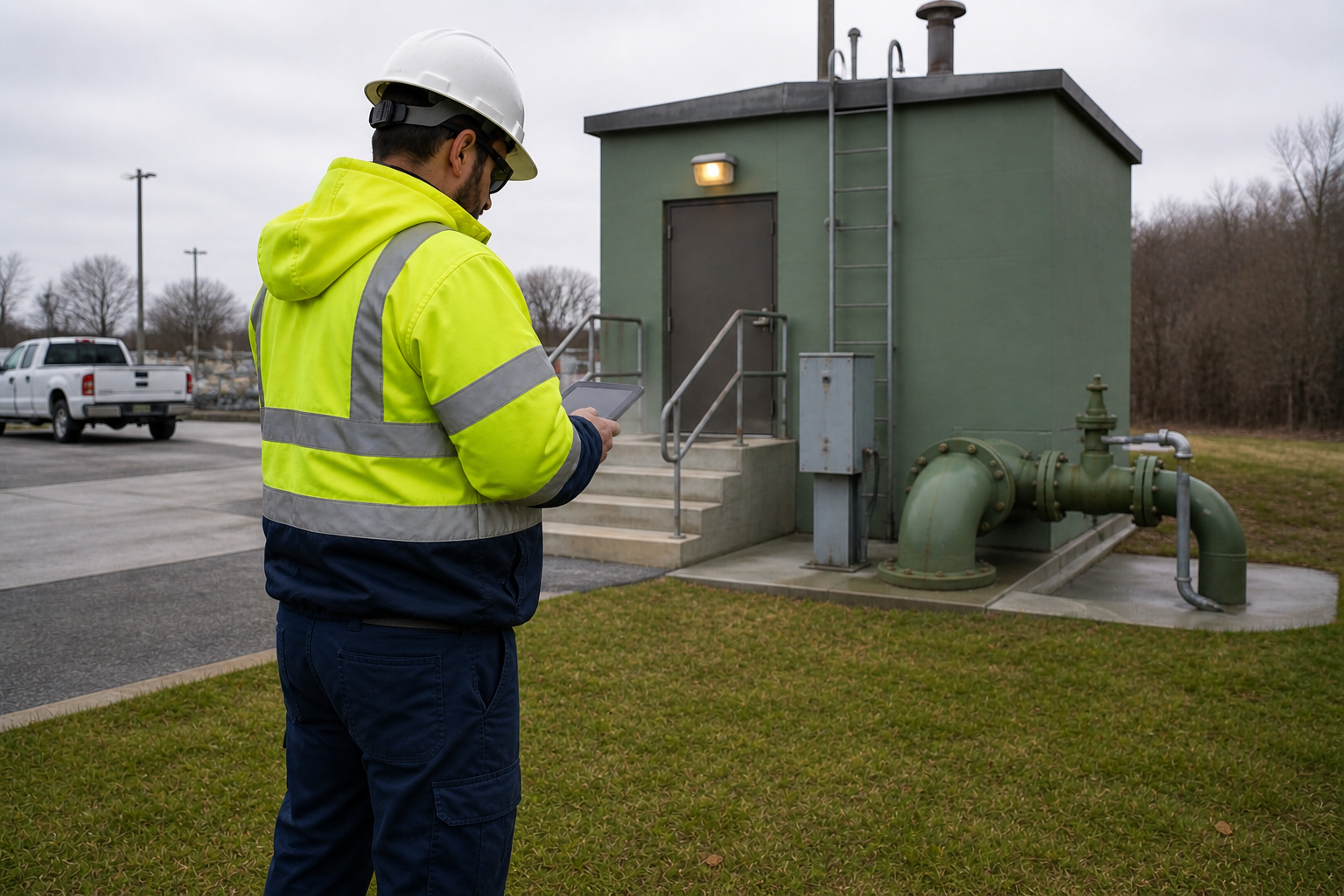 lone utility worker performing inspection at a remote wastewater lift station with pipes and control building