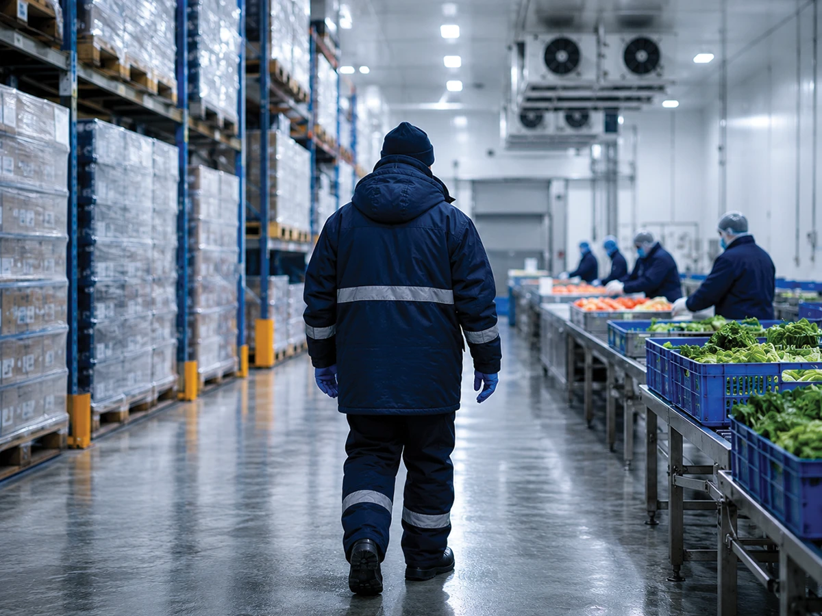 cold storage worker inside a refrigerated facility with warehouse racking and pallets