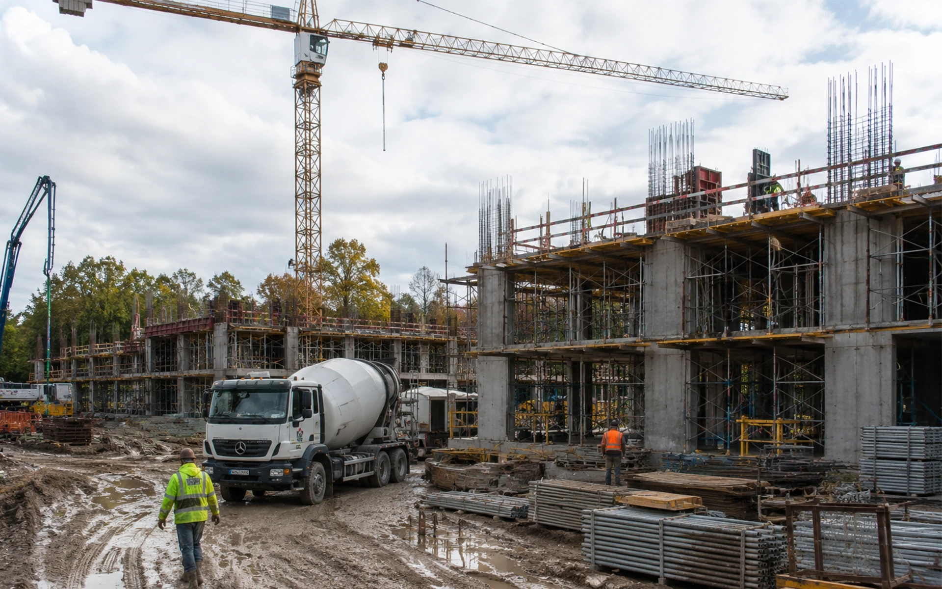 Active construction site with workers operating around elevated structures and confined space work areas