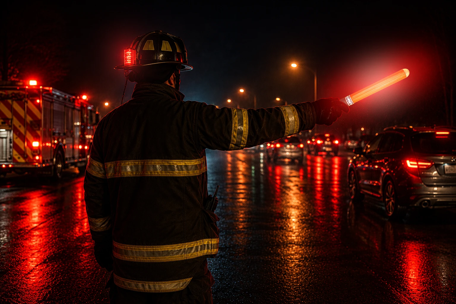Firefighter directing traffic with a glow baton, marshalling wand, and personal safety light