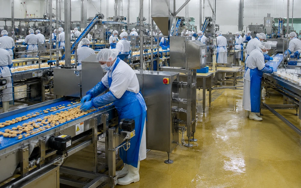 worker on a food processing production floor near industrial equipment and conveyor lines