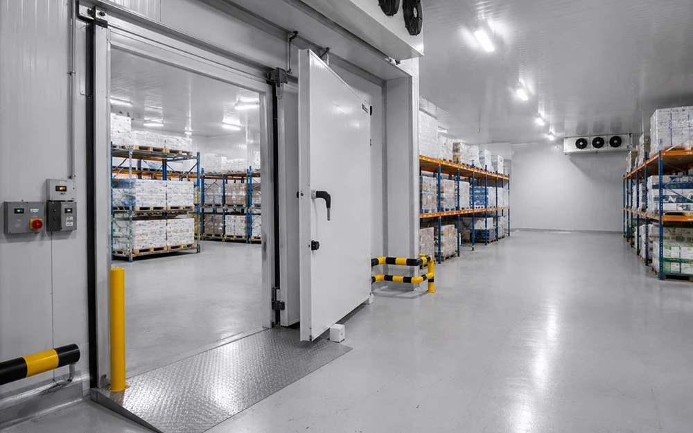 worker performing inspection inside a freezer cold storage vault with high racking
