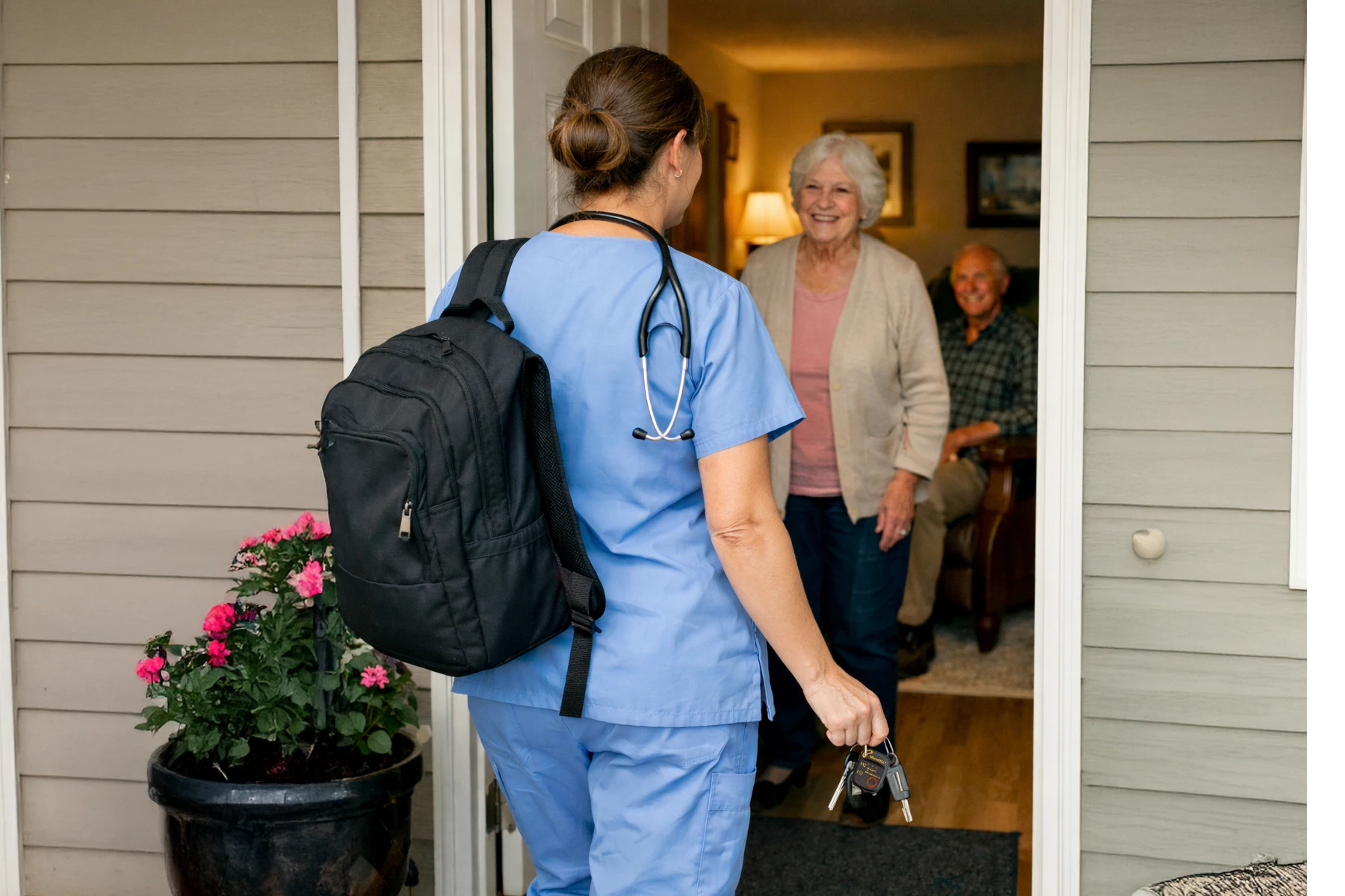 Home healthcare worker entering a patient's home during a mobile care visit