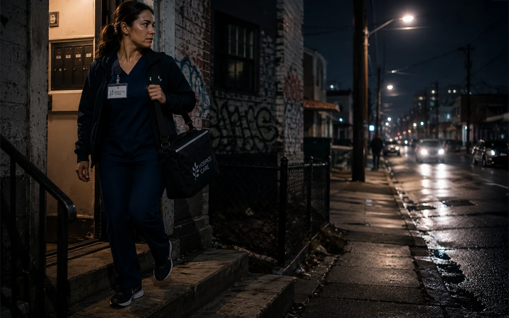 Hospice healthcare worker leaving a patient visit in a dimly lit urban neighborhood at night, carrying a medical bag while walking along a wet city sidewalk, representing mobile care teams and lone worker safety in high-risk environments.