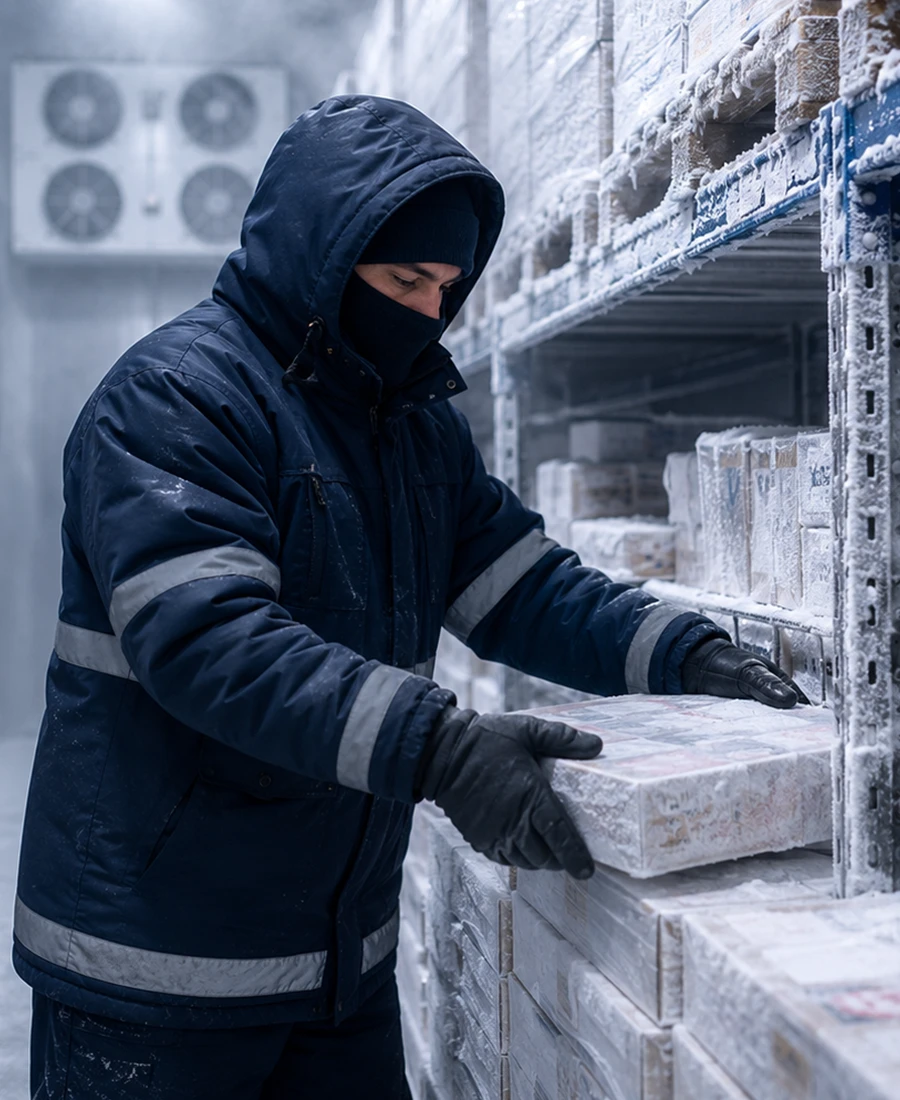 worker inside a large industrial freezer with cold storage racking