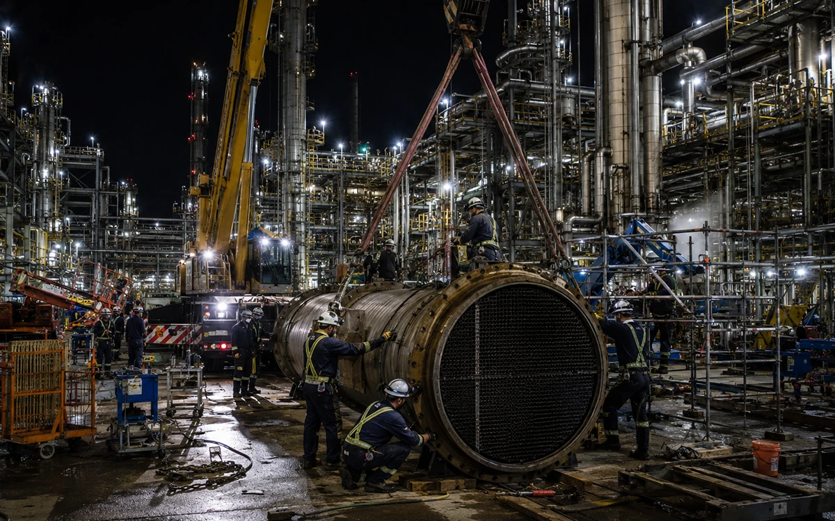 Industrial shutdown and turnaround contractors working inside a heavy industrial facility during maintenance operations
