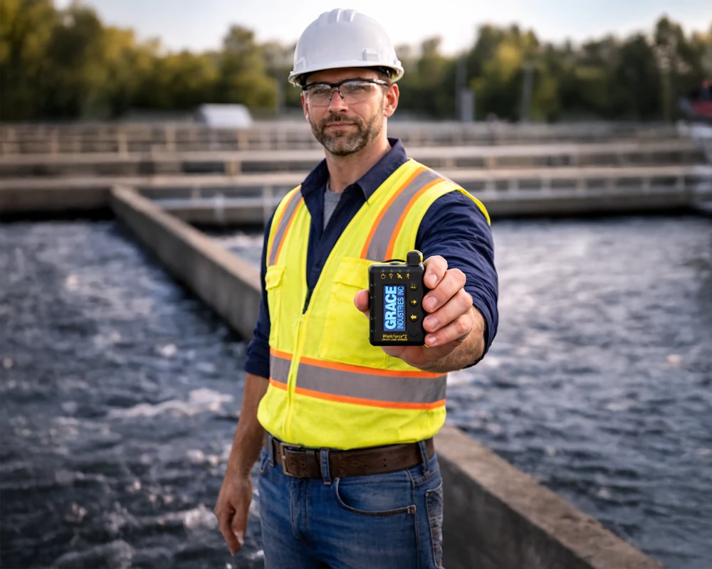 lone worker holding a WorkForce 2 safety pendant at a wastewater treatment plant with aeration basins and equipment in the background