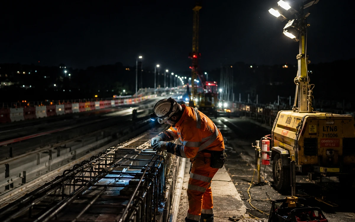 Night shift construction worker operating alone in a low visibility jobsite environment after dark