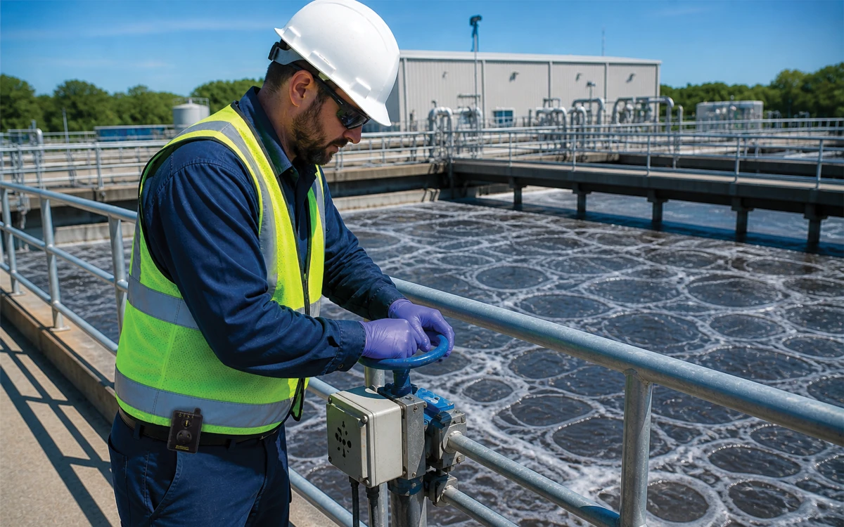 worker performing facility operations at a wastewater treatment plant with visible safety device on belt near aeration basins and equipment