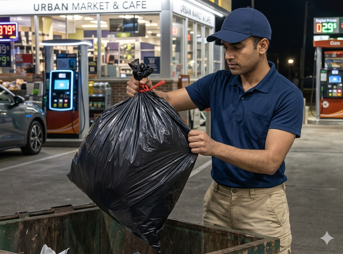 A convenience store employee working alone on a late shift