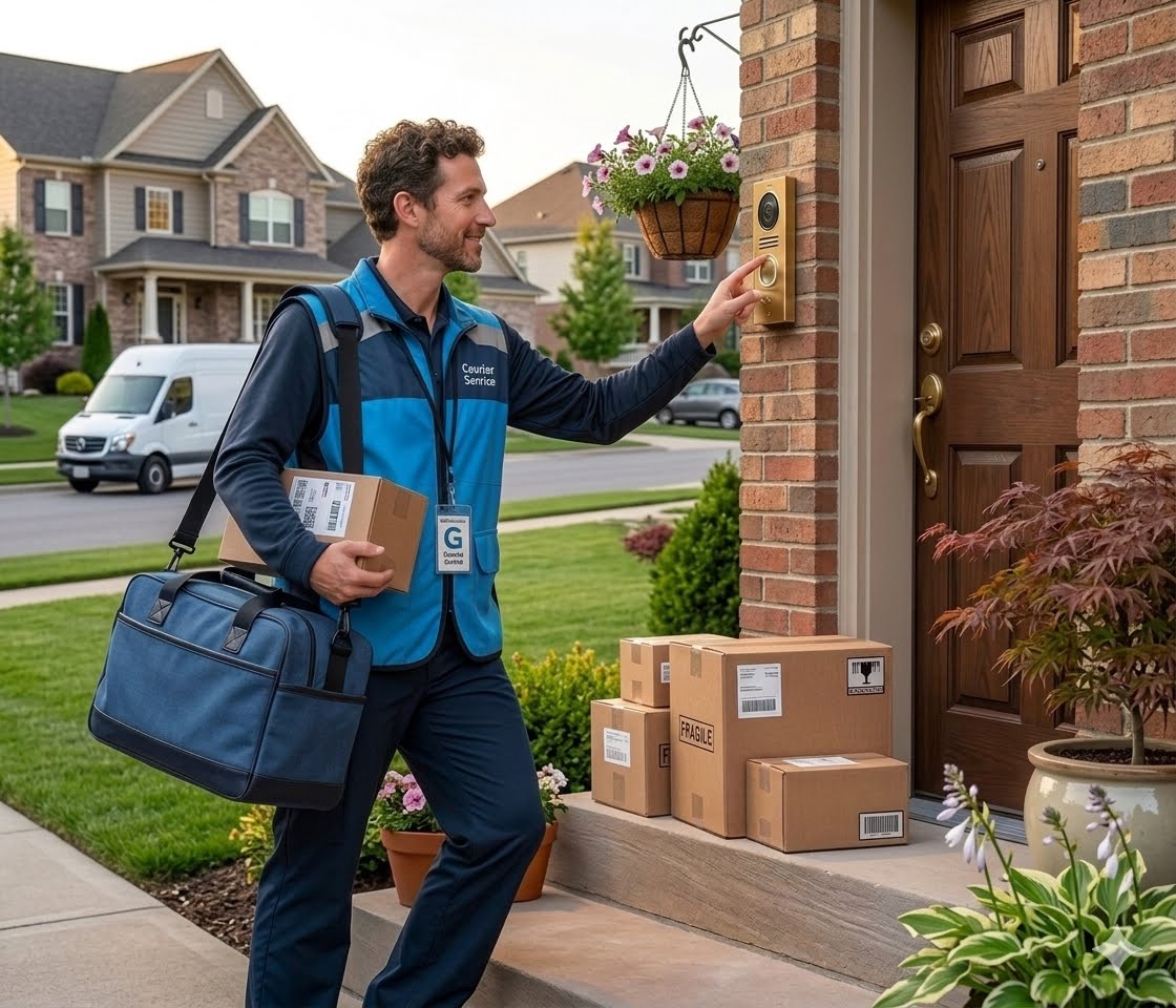 A delivery worker alone at a customer's door