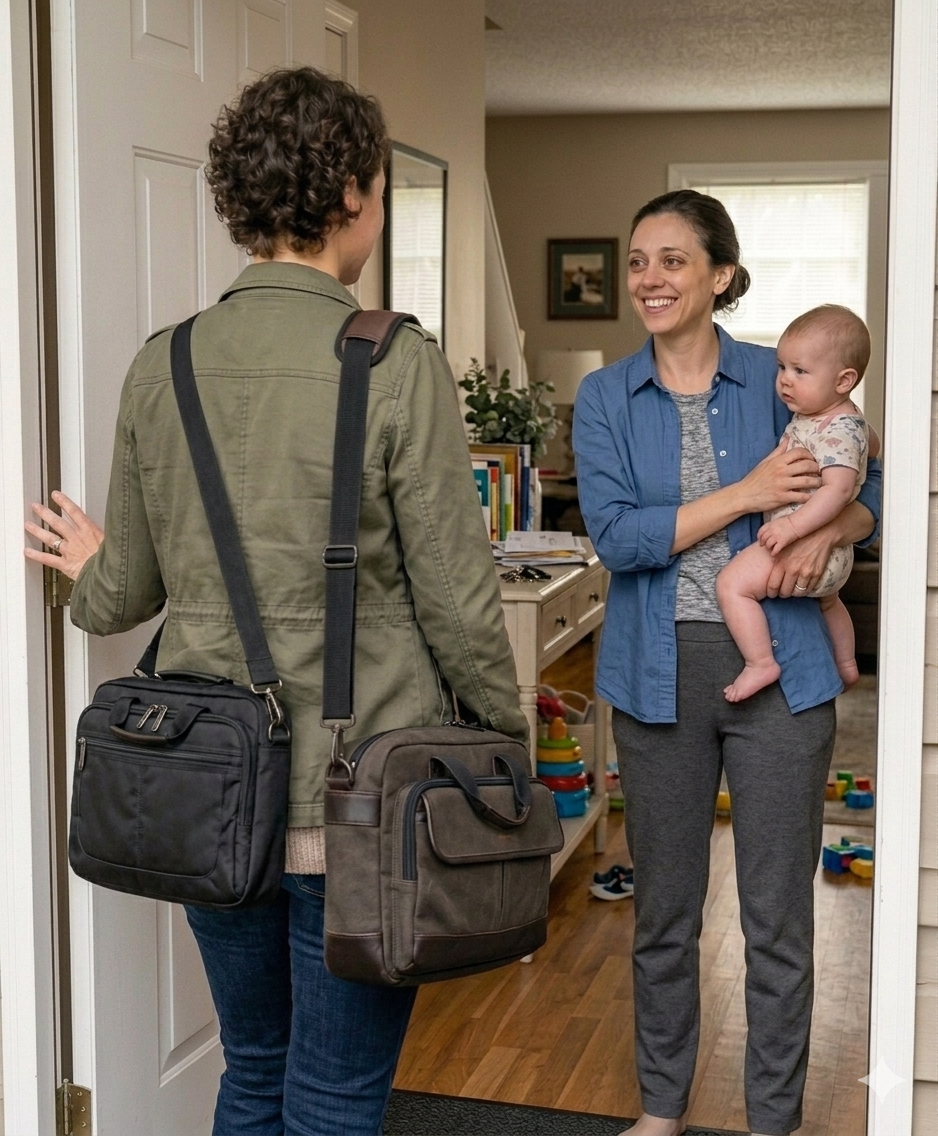 A social worker arriving alone at a client’s home