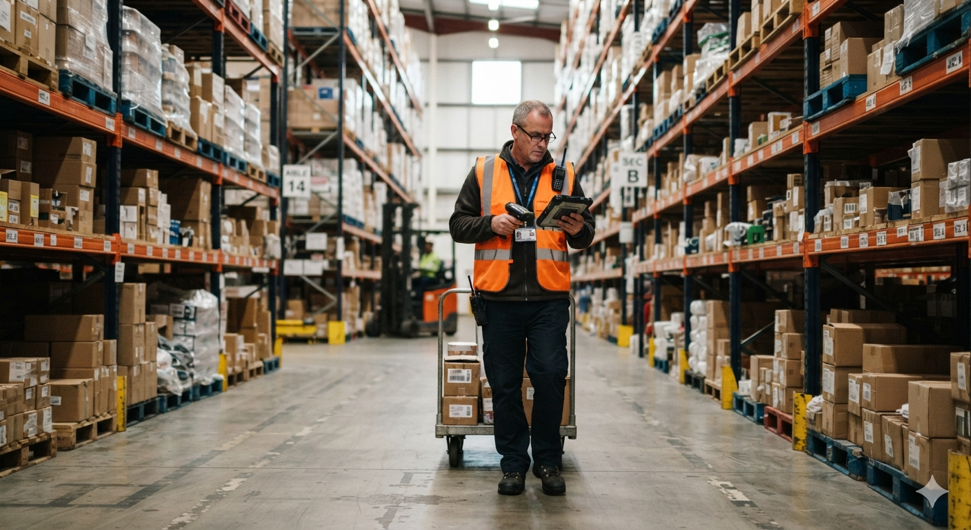 Warehouse worker alone in an aisle after the rest of the crew has left
