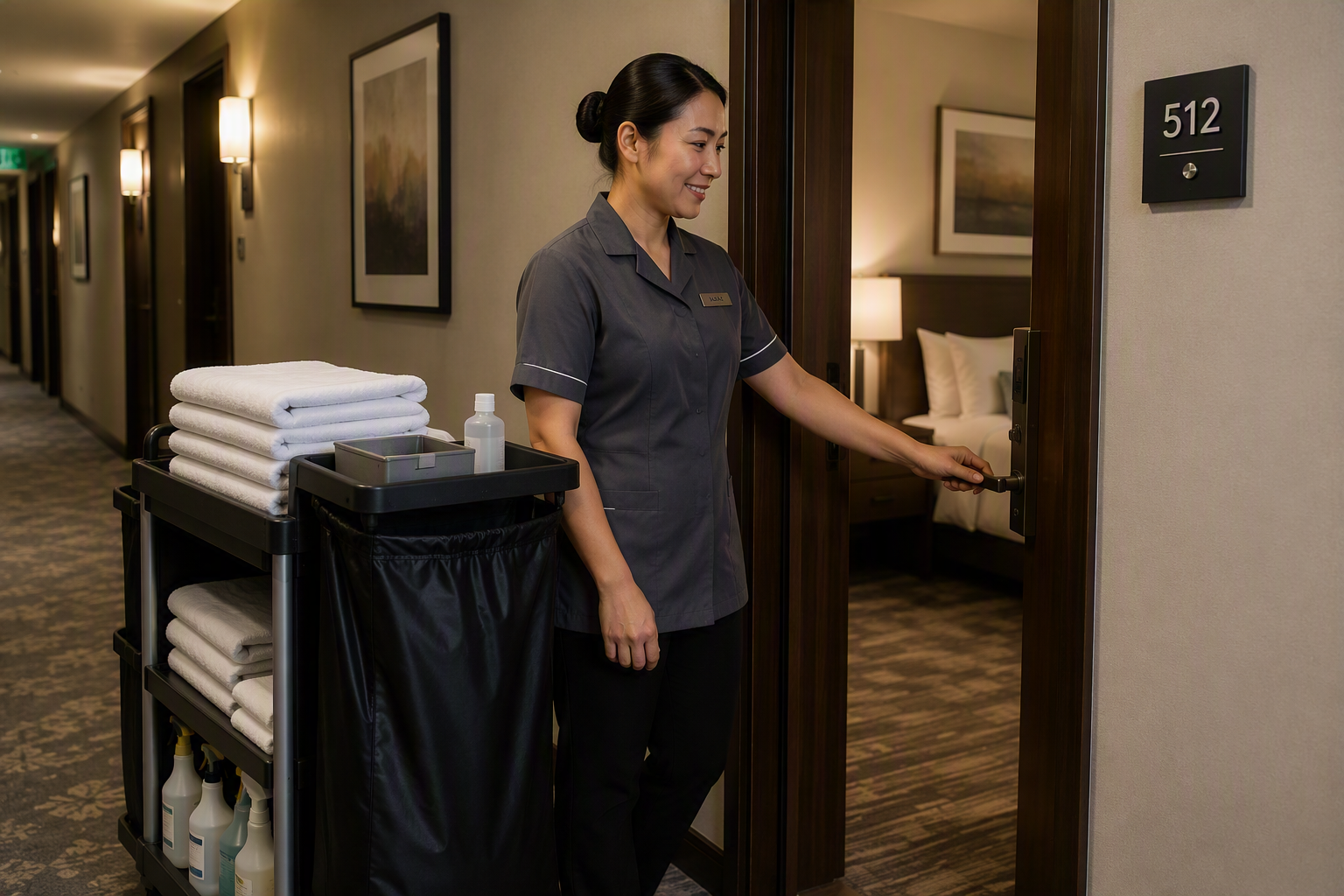 A hotel housekeeper alone in a corridor opening the door of a guest room beside a supply cart