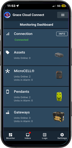 Grace Cloud Connect mobile app monitoring dashboard showing connected MicroCELL units and pendants