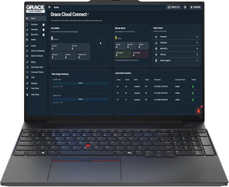 Grace Cloud Connect monitoring dashboard showing wildland firefighter locations and check-in status on a laptop