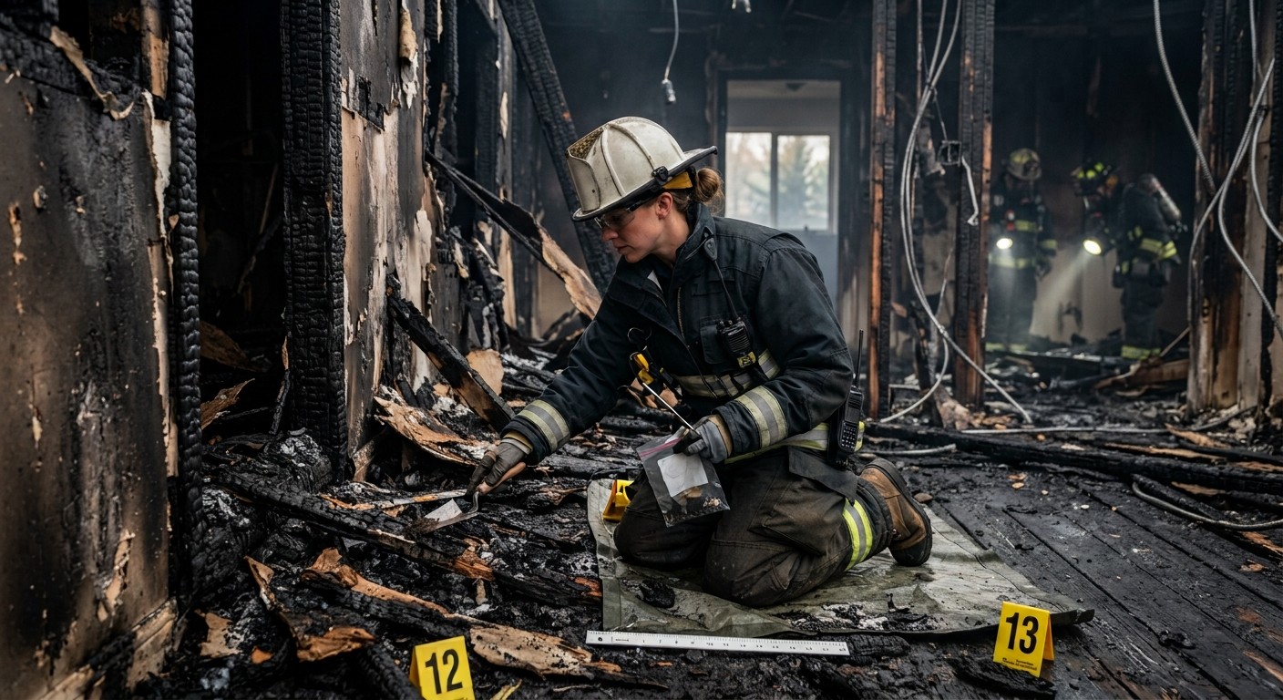 Fire investigator using arson investigation equipment at a fire scene